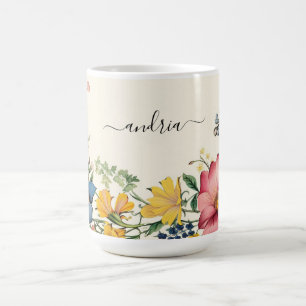 Personalise Black Script Name, Vintage Wildflowers Coffee Mug