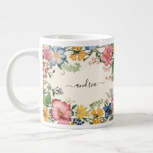 Personalise Black Script Name, Vintage Wildflowers Large Coffee Mug