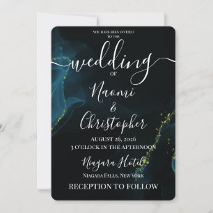 Personalise: Black Teal Gold Alcohol Ink Wedding Invitation