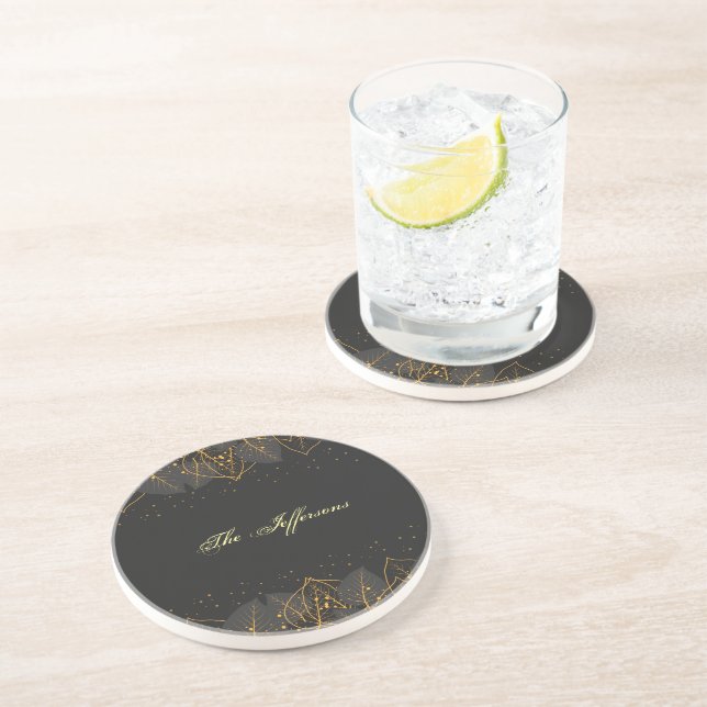 Personalise Black with Gold Leaf Border  Sandstone Coaster (Side)