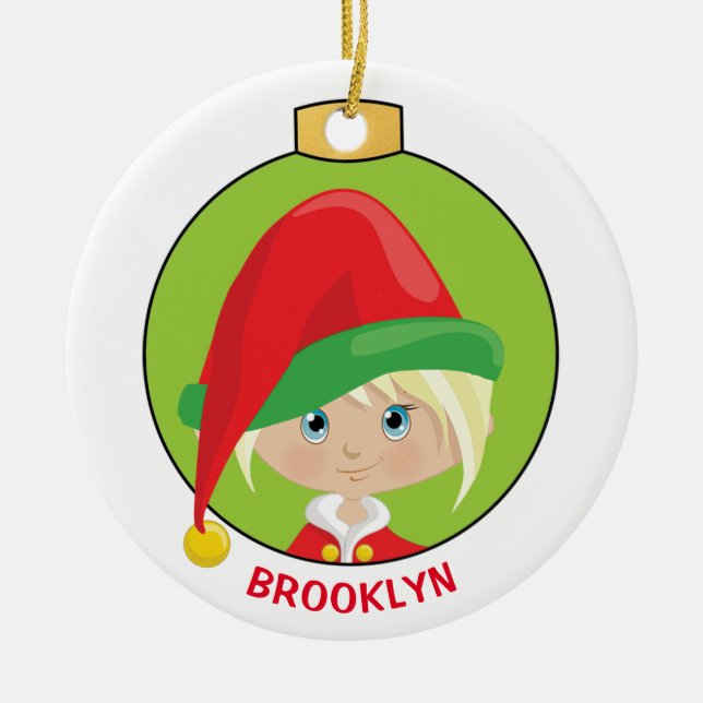 Personalise Blonde Girl Elf Ceramic Tree Decoration (Front)