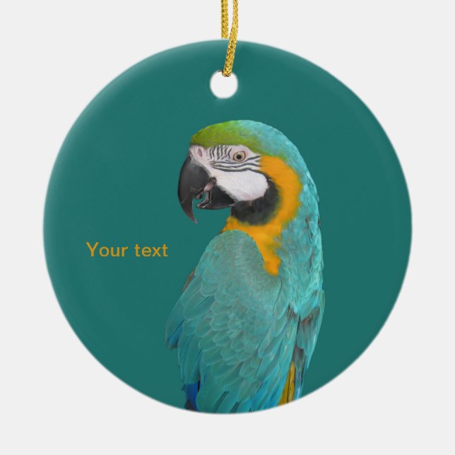 Personalise Blue and Gold Macaw portrait Ceramic Tree Decoration (Front)