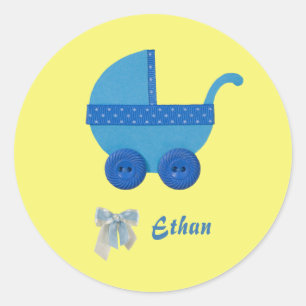 Personalise Blue Baby carriage baby boy shower Classic Round Sticker