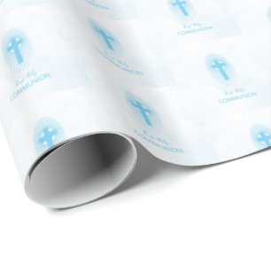 Personalise, Blue Boy First Holy Communion Cross Wrapping Paper