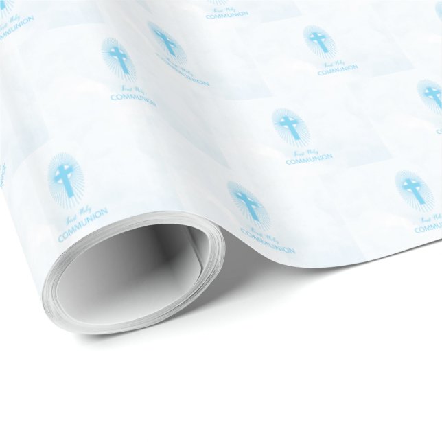 Personalise, Blue Boy First Holy Communion Cross Wrapping Paper (Roll Corner)