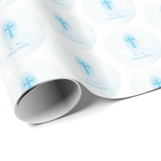 Personalise, Blue Boy First Holy Communion Cross Wrapping Paper (Roll Corner)
