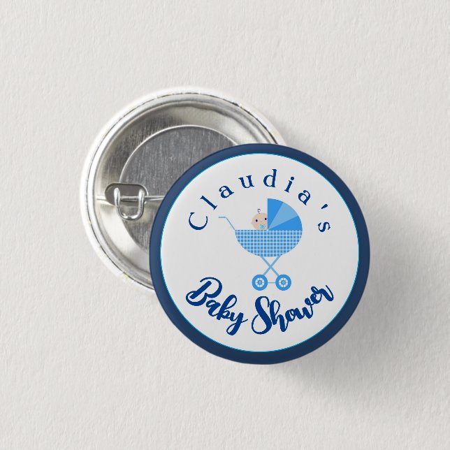 Personalise Blue Carriage Baby Shower Favour   3 Cm Round Badge (Front & Back)