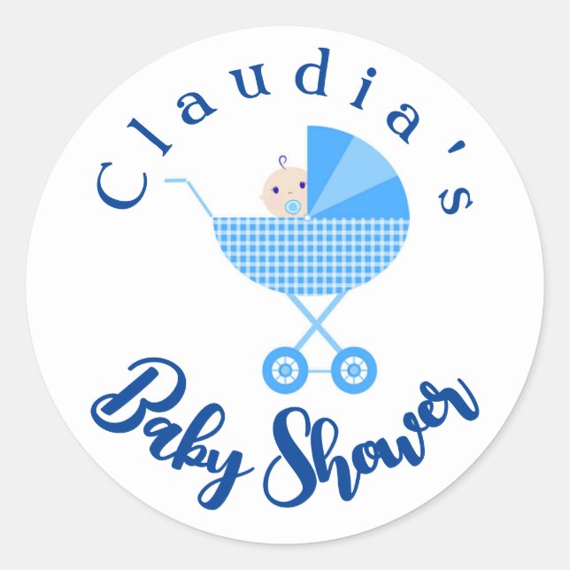 Personalise Blue Carriage Baby Shower Favour     Classic Round Sticker (Front)