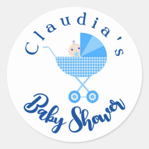 Personalise Blue Carriage Baby Shower Favour     Classic Round Sticker