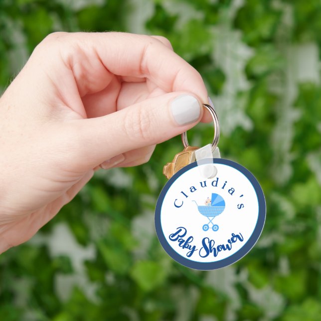 Personalise Blue Carriage Baby Shower Favour  Key Ring (Hand)