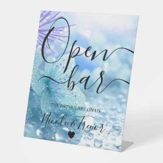 Personalise: Blue Dew Drop Flower Wedding Open Bar Pedestal Sign