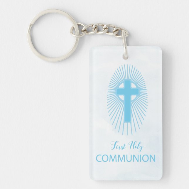 Personalise, Blue First Holy Communion Cross Host Key Ring (Front)
