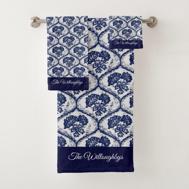 Personalise Blue Floral Pattern with Batik Effect Bath Towel Set (Insitu)