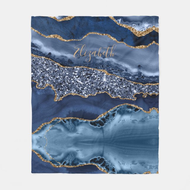 Personalise Blue Gold Glitter Agate Marble Trendy  Fleece Blanket (Front)
