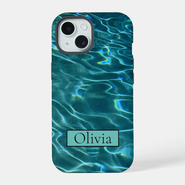Personalise blue ocean waves iPhone 15 case (Back)