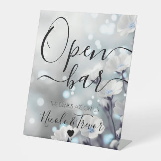 Personalise: Blue Sparkle Flowers Wedding Open Bar Pedestal Sign
