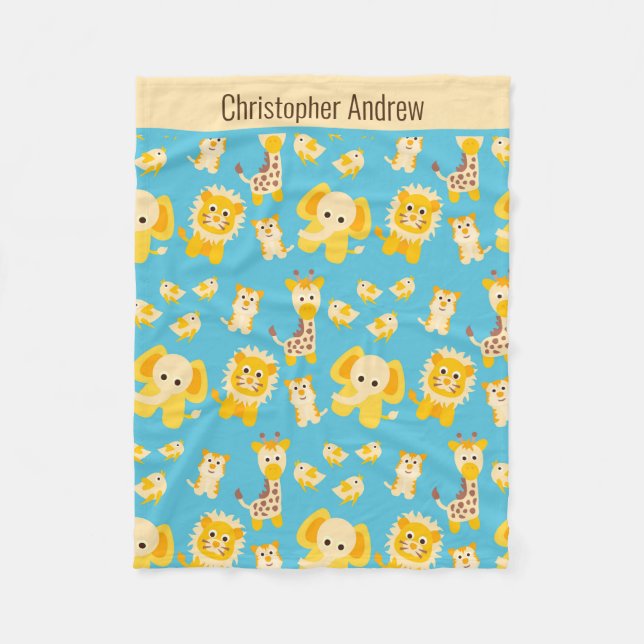 Personalise Blue Yellow Jungle Safari Animals Baby Fleece Blanket (Front)