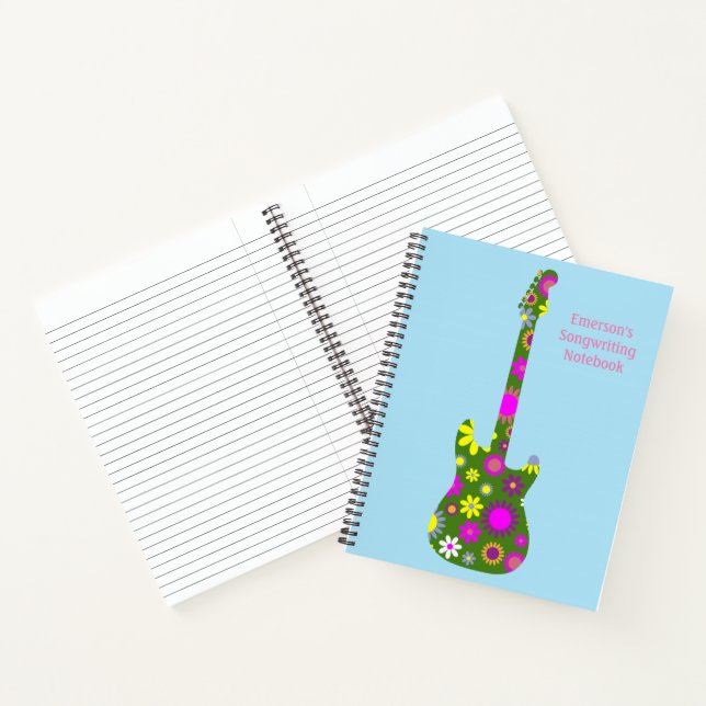Personalise Boho Floral Retro Guitar on Light Blue Notebook (Inside)