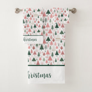 Personalise Boho Pink Green Christmas Tree Holiday Bath Towel Set