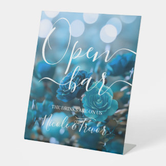 Personalise: Bokeh & Blue Roses Wedding Open Bar Pedestal Sign