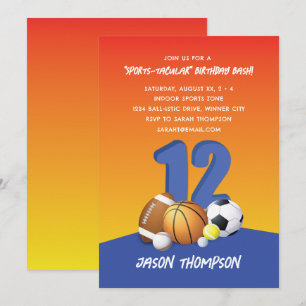 Personalise Boy 12th Birthday Fun Sports Balls Invitation