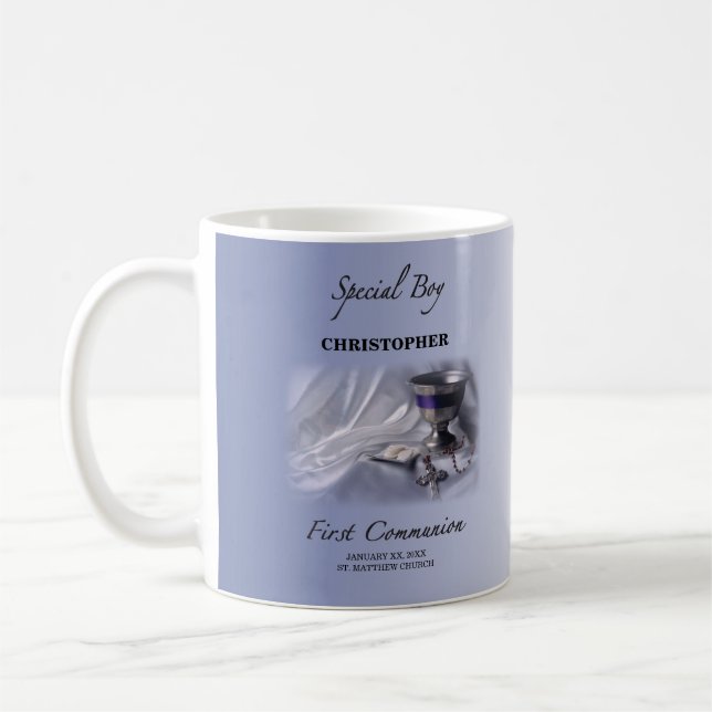 Personalise, Boy, First Communion Blue Coffee Mug (Left)