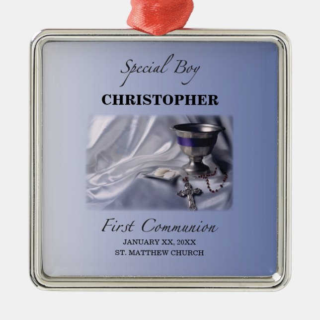 Personalise, Boy, First Communion Blue Metal Tree Decoration (Front)