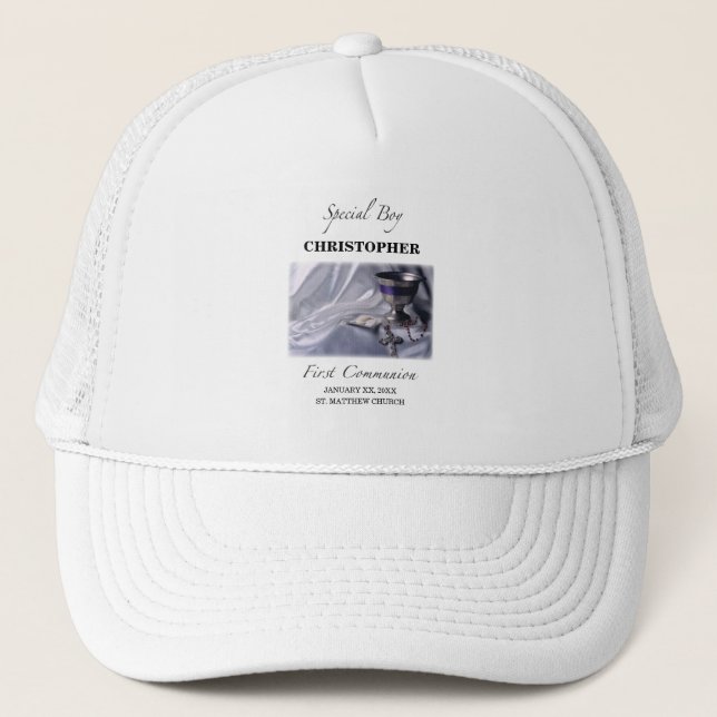 Personalise, Boy, First Communion Blue Trucker Hat (Front)
