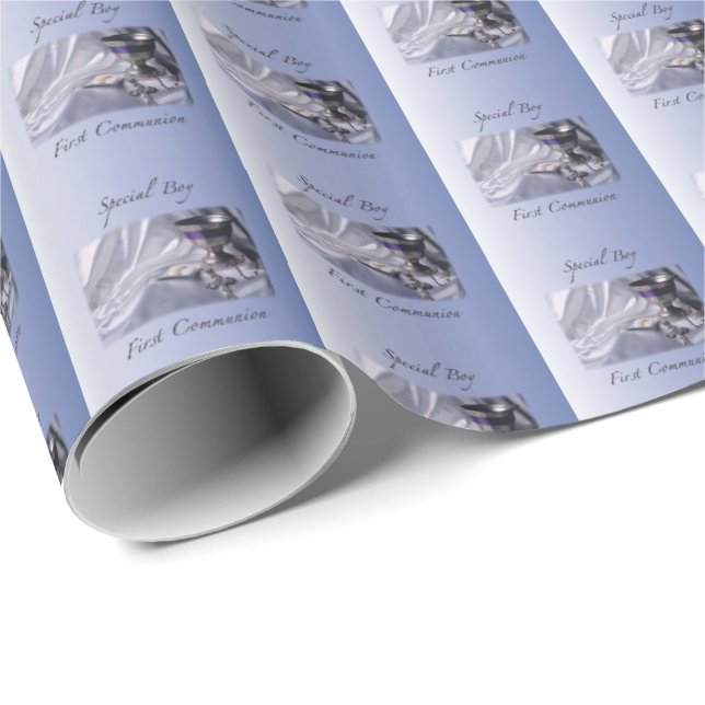 Personalise, Boy, First Communion Blue Wrapping Paper (Roll Corner)