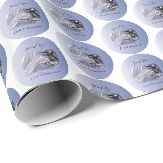Personalise, Boy, First Communion Blue Wrapping Paper (Roll Corner)