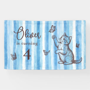 Personalise Boy Vintage Blue Kitten Birthday Banner