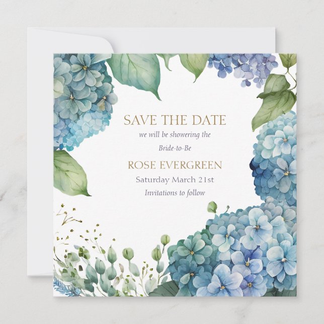 Personalise Bridal Shower Blue Hydrangea  Save The Date (Front)