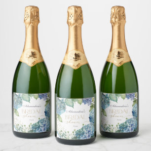 Personalise Bridal Shower Blue Hydrangeas Sparkling Wine Label