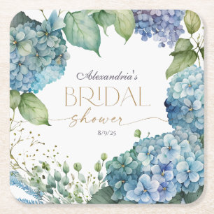 Personalise Bridal Shower Blue Hydrangeas Square Paper Coaster