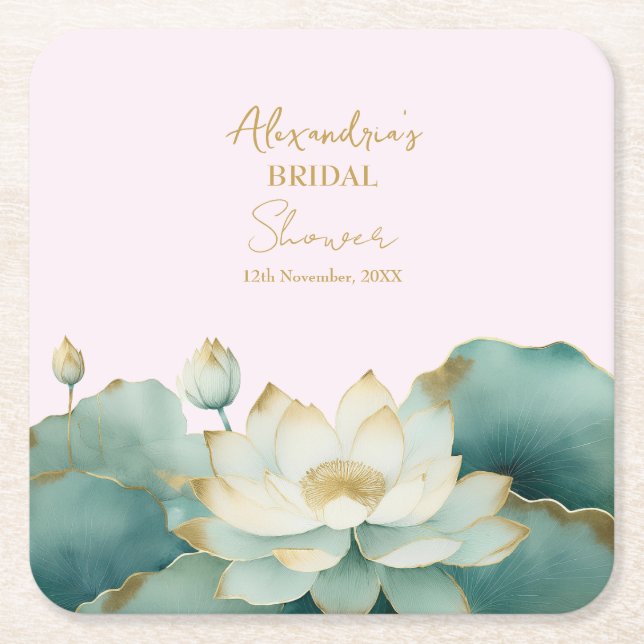 Personalise Bridal Shower Lotus gold pink Square Paper Coaster (Front)