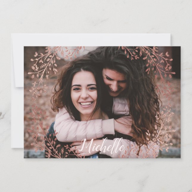 Personalise Bridesmaid Proposal Rose Gold Floral Holiday Card (Front)