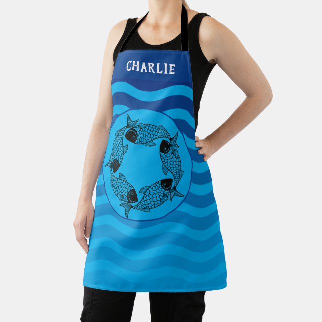 Personalise Bright Blue Waves & Circle of Fish Apron (Insitu)