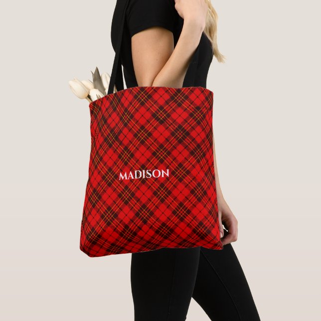 Personalise Bright Elegant Red Christmas tartan Tote Bag (Close Up)