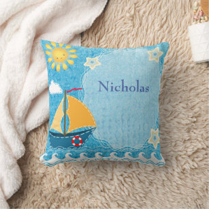 Personalise Bright Yellow Sun Blue Sail Boat Cushion