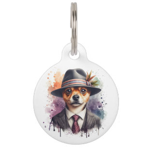 Personalise Brown Dog in Suit Tie Splatter Art Cat Pet Tag