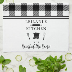 Personalise Buffalo Plaid Kitchen Heart Home White Tea Towel