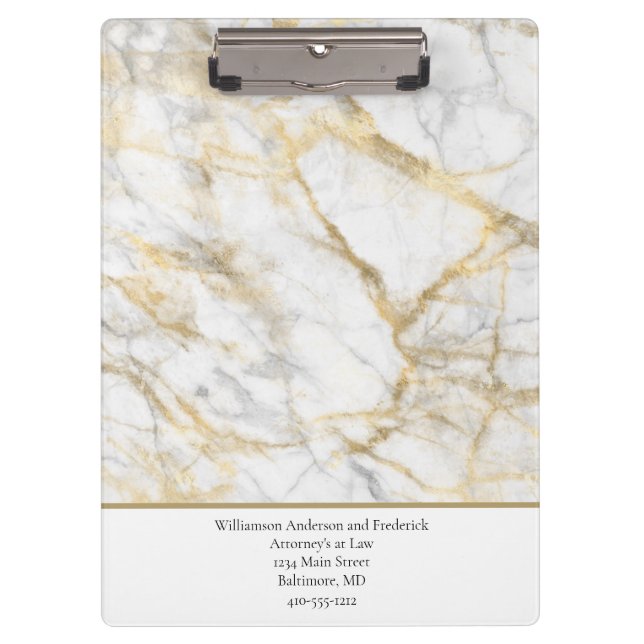 Personalise Business Gold White Grey Marble   Clipboard (Front)
