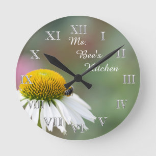 (Personalise)Busy Bee Flower Silver Roman Numerals Round Clock