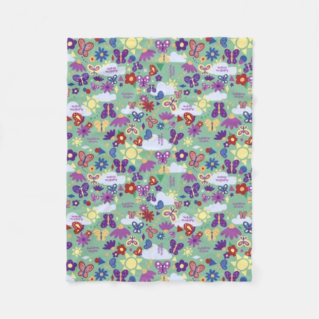 Personalise Butterfly Garden Fun Shapes Sage Green Fleece Blanket (Front)