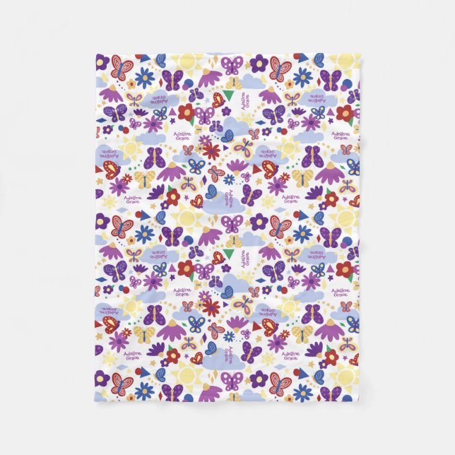 Personalise Butterfly Garden Fun Shapes White Fleece Blanket (Front)
