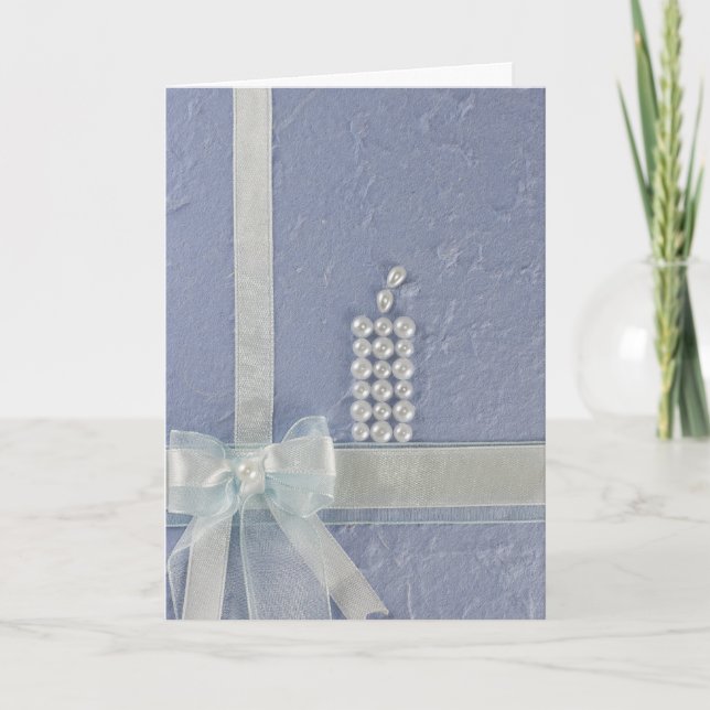 Personalise Candle with white pearls, bow Baptism Card (Front)
