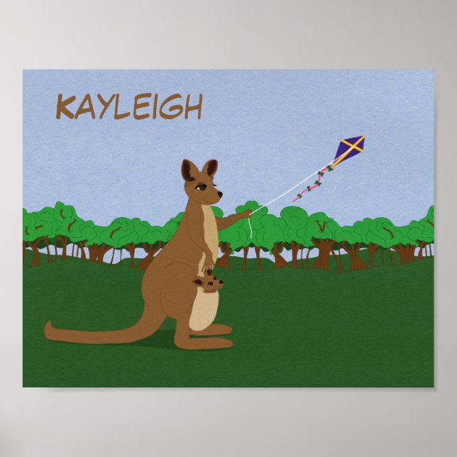 Personalise Cartoon Kangaroos Flying a Kite Poster (Front)