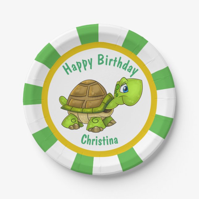 Personalise cartoon turtle birthday party paper plate (Front)