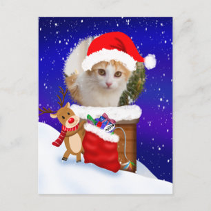 Personalise Cat Santa Rooftop Reindeer With Gifts Postcard