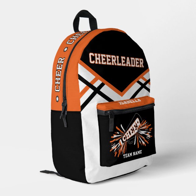 Personalise Cheerleader | Orange, Black, White Printed Backpack (Back Corner Left)